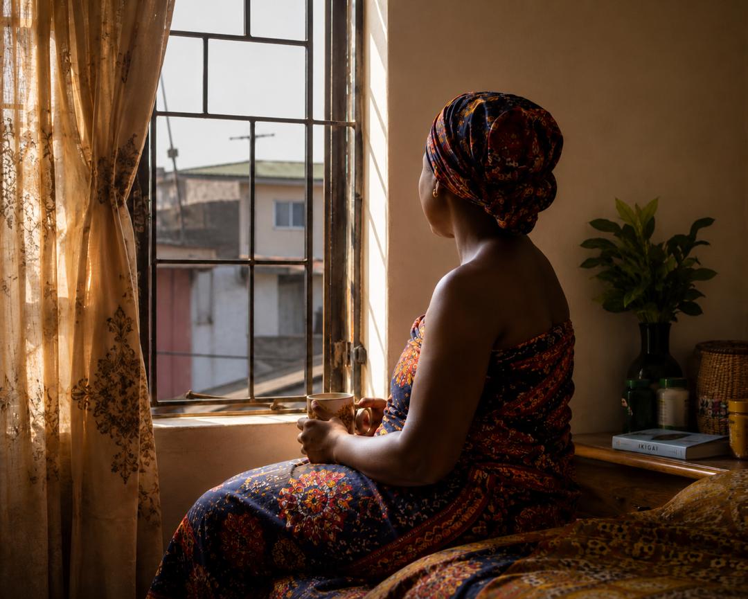 A woman peaceful and restored, looking out her window in the morning light
